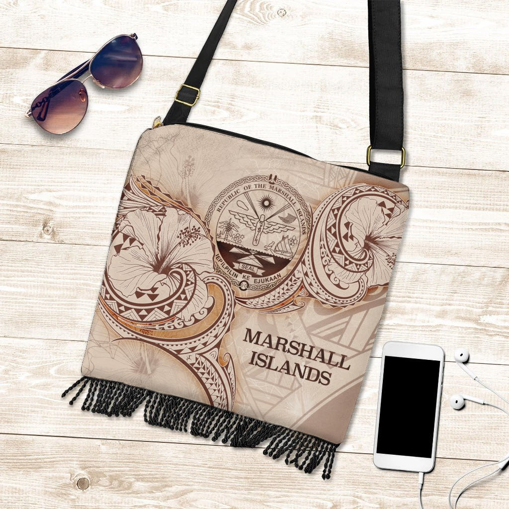 Marshall Islands Boho Handbag - Hibiscus Flowers Vintage Style One Size Boho Handbag Nude - Polynesian Pride