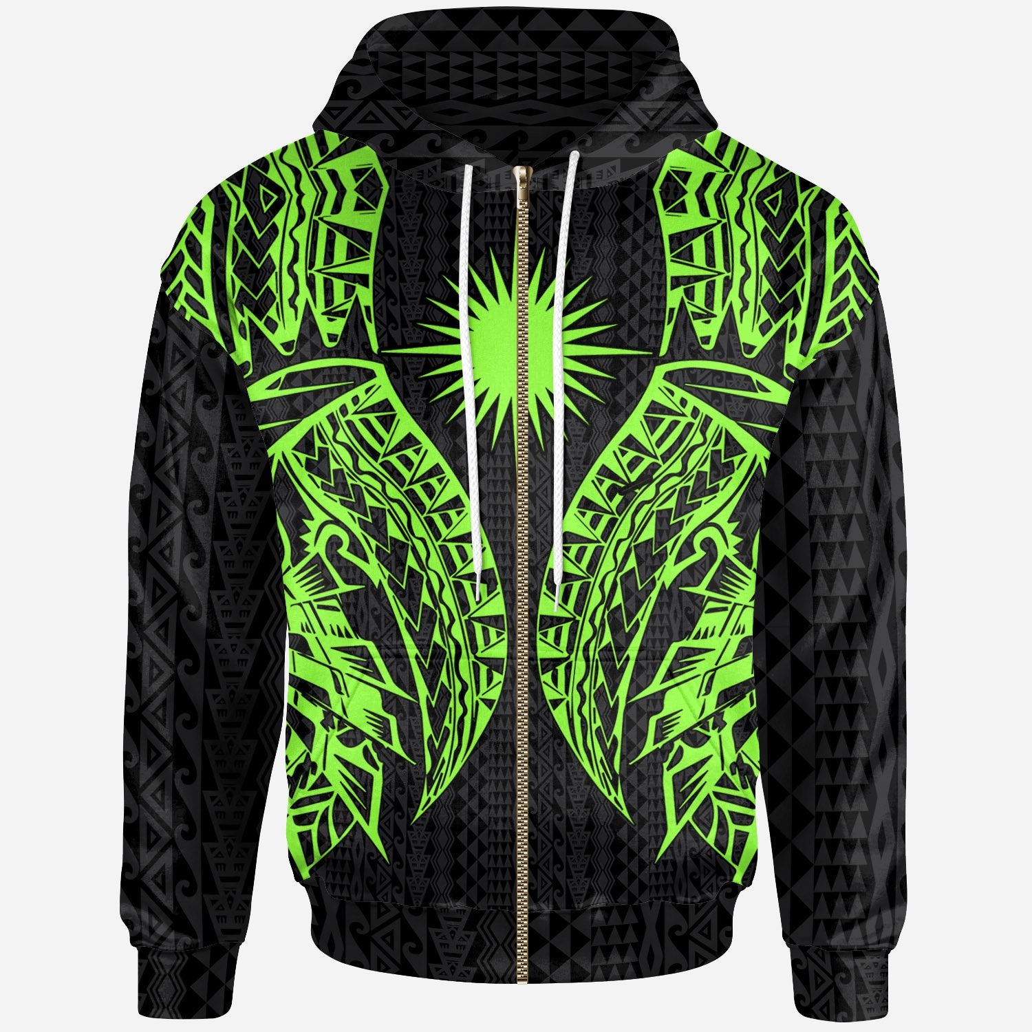 Marshall Islands Zip up Hoodie Polynesian Lion Head Green Style Unisex Green - Polynesian Pride