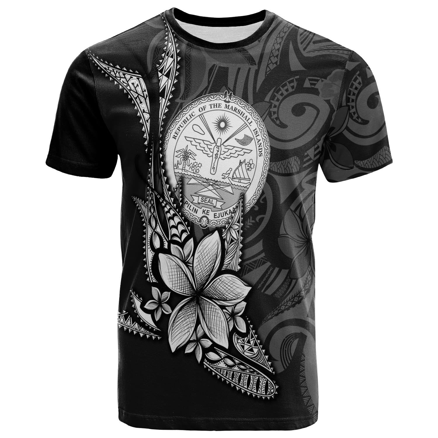 Marshall Islands T Shirt Fish With Plumeria Flowers Style Unisex Black - Polynesian Pride