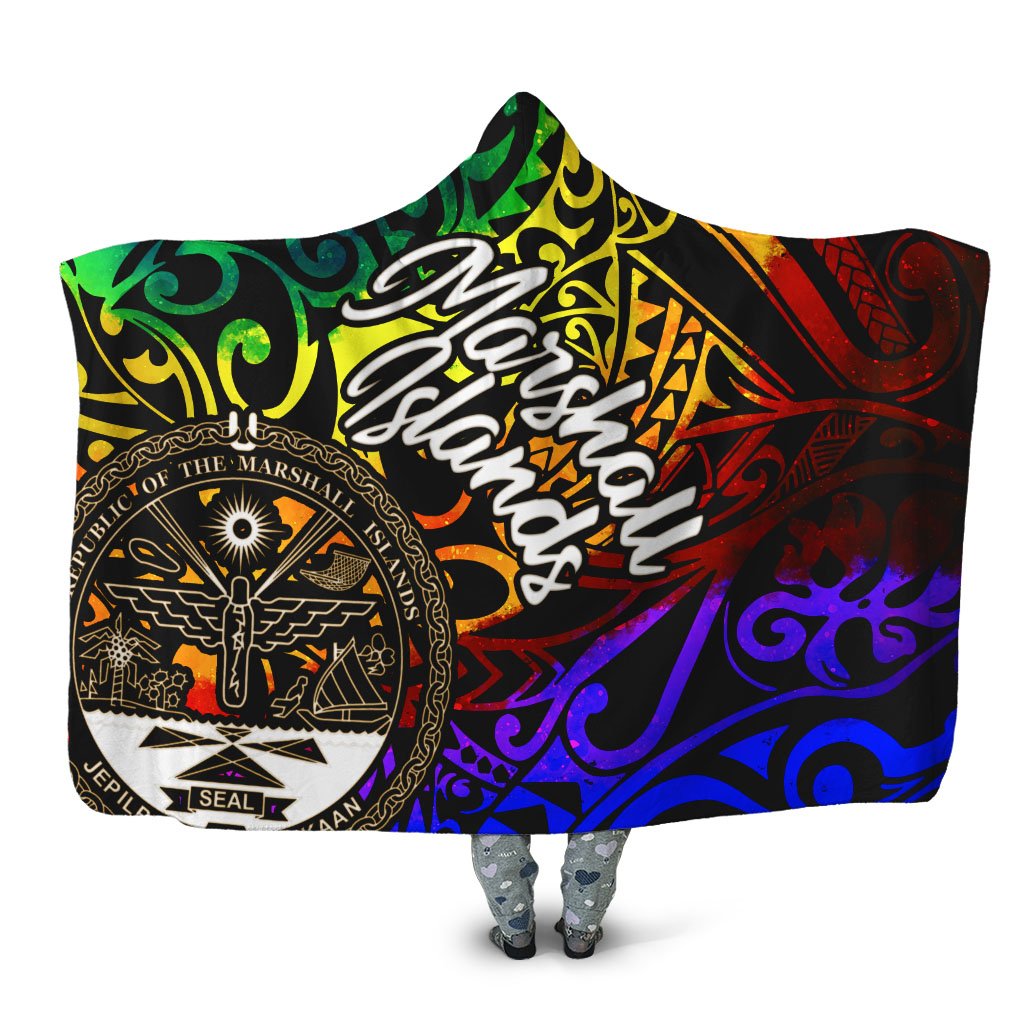 Marshall Islands Hooded Blanket - Rainbow Polynesian Pattern Crest Hooded Blanket Rainbow - Polynesian Pride