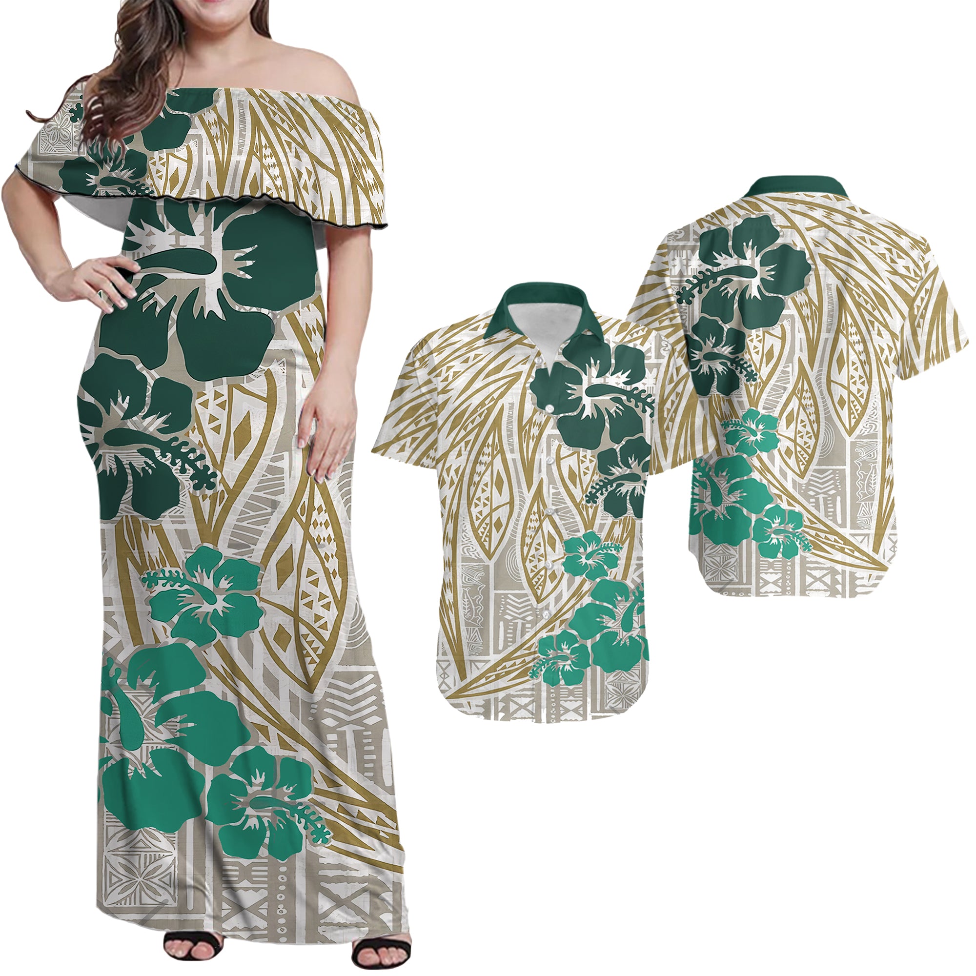 Polynesian Masi Tapa Green Hibiscus Dress and Hawaiian Shirt LT9 Black - Polynesian Pride