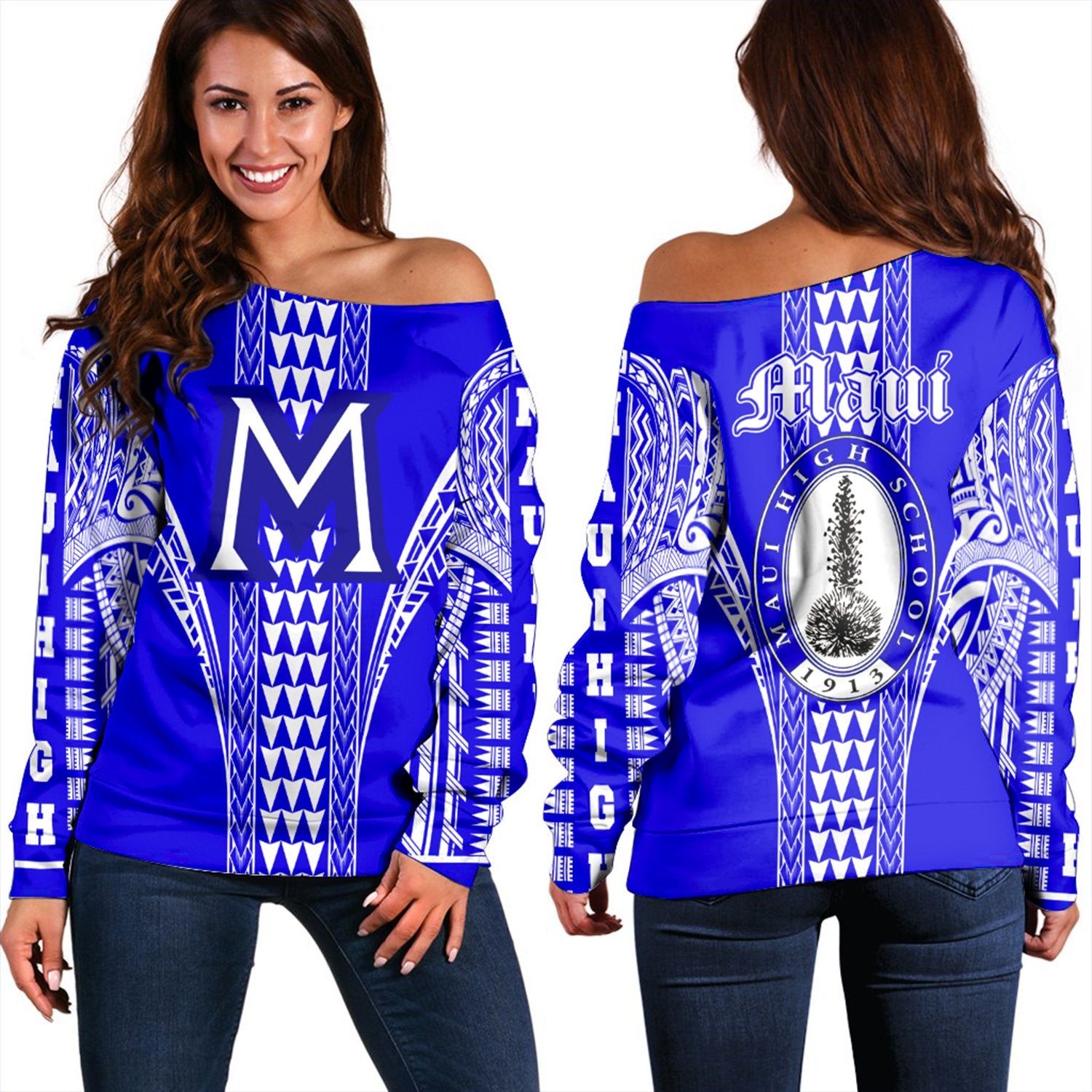 Hawaii - Maui High Women's Off Shoulder Sweatshirt AH Blue - Polynesian Pride