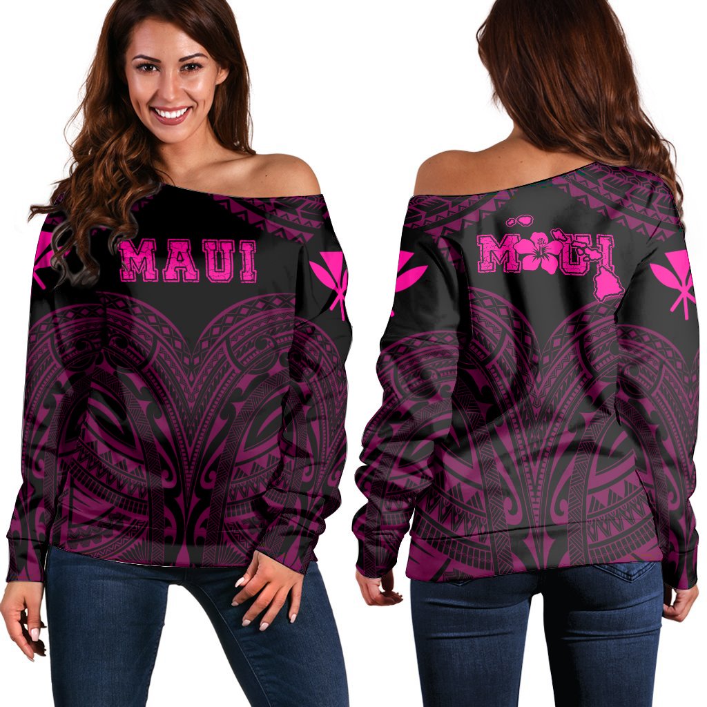 Hawaiian Kanaka Map Maui Women's Off Shoulder Sweater - Pink - Brad Style - AH Pink - Polynesian Pride