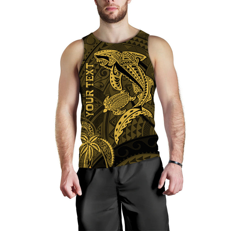 (Custom Personalised) Hawaii Men Tank Top Shark and Turtle Mix Kakau Gold LT9 Gold - Polynesian Pride