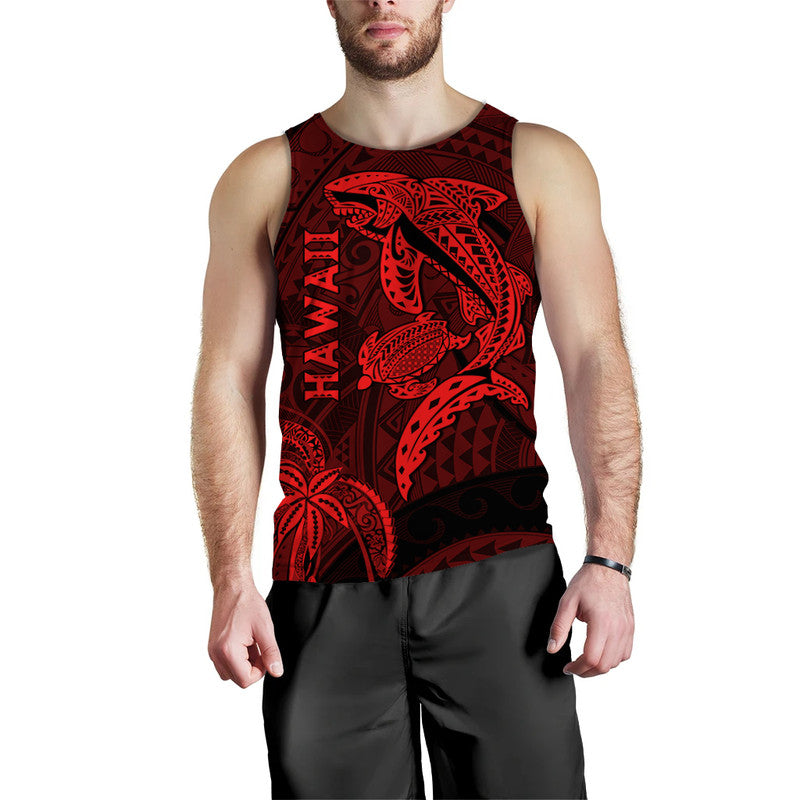 Hawaii Men Tank Top Shark and Turtle Mix Kakau Red LT9 Red - Polynesian Pride