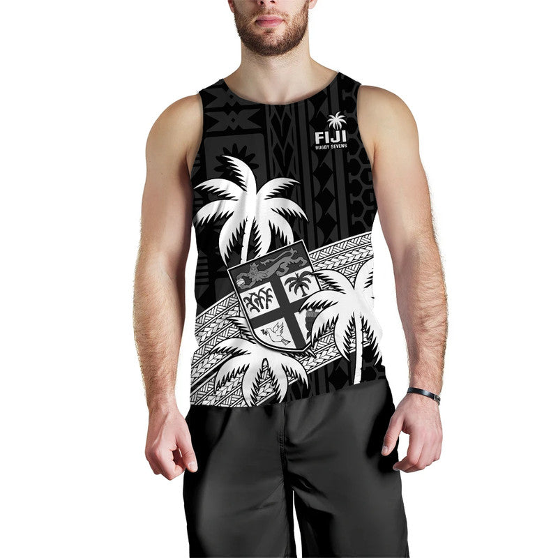 (Custom Text And Number) Fiji Rugby Sevens Men Tank Top Tapa Palm Tree and Fijian Coat of Arms LT9 Blue - Polynesian Pride