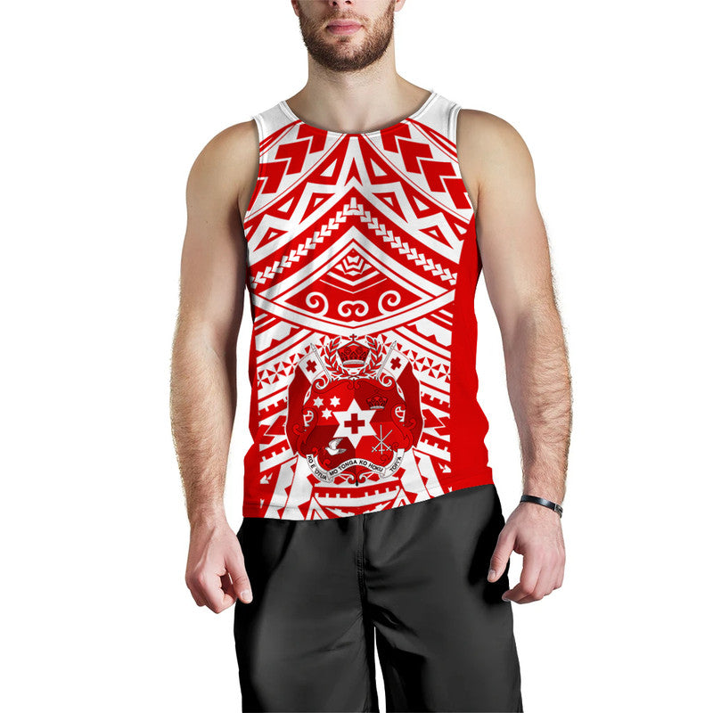 (Custom Text And Number) Tonga Rugby Sevens Men Tank Top Coat of Arms Tribal Polynesian Pattern LT9 Red - Polynesian Pride