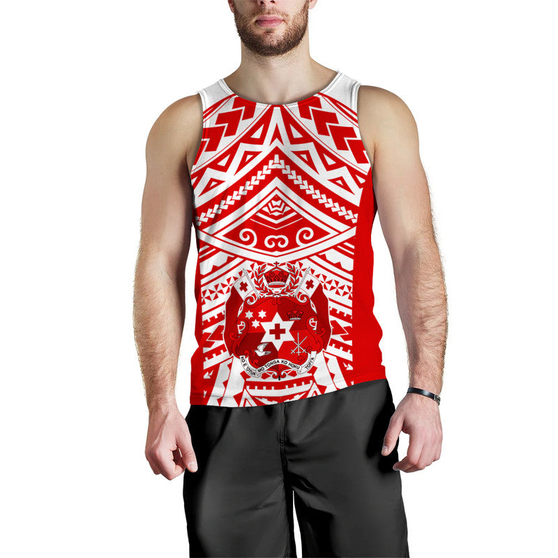 (Custom Text And Number) Tonga Rugby Sevens Men Tank Top Coat of Arms Tribal Polynesian Pattern LT9 Red - Polynesian Pride