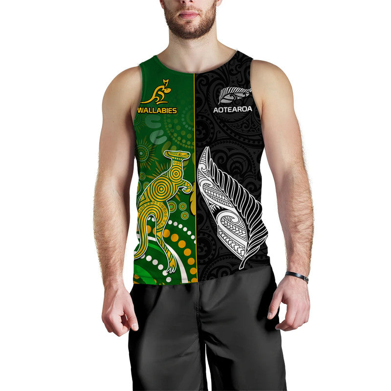 Aotearoa Rugby All Black Combine Australia Wallabies Men Tank Top Aboriginal Kangaroo And Maori Fern LT9 Black - Polynesian Pride