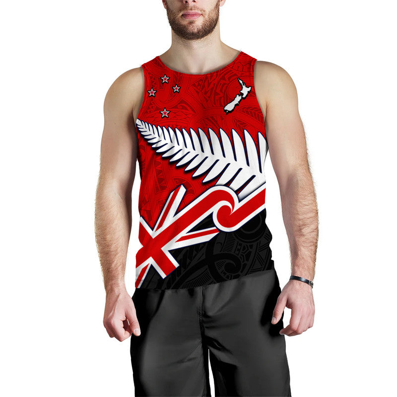 Waitangi Men Tank Top Aotearoa Tino Rangatiratanga Flag with Silver Fern LT9 Red - Polynesian Pride