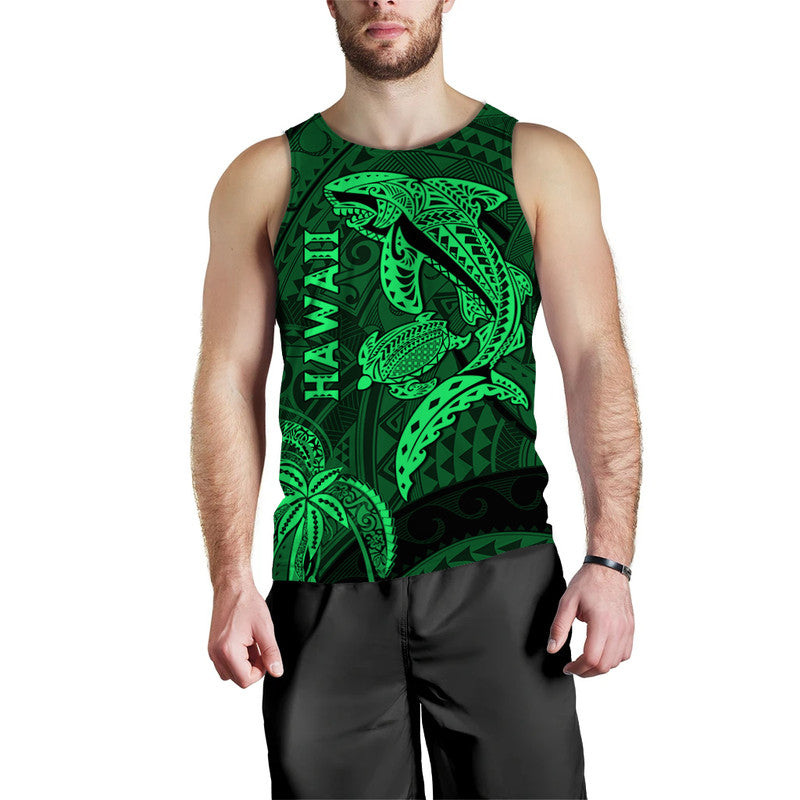 Hawaii Men Tank Top Shark and Turtle Mix Kakau Green LT9 Green - Polynesian Pride