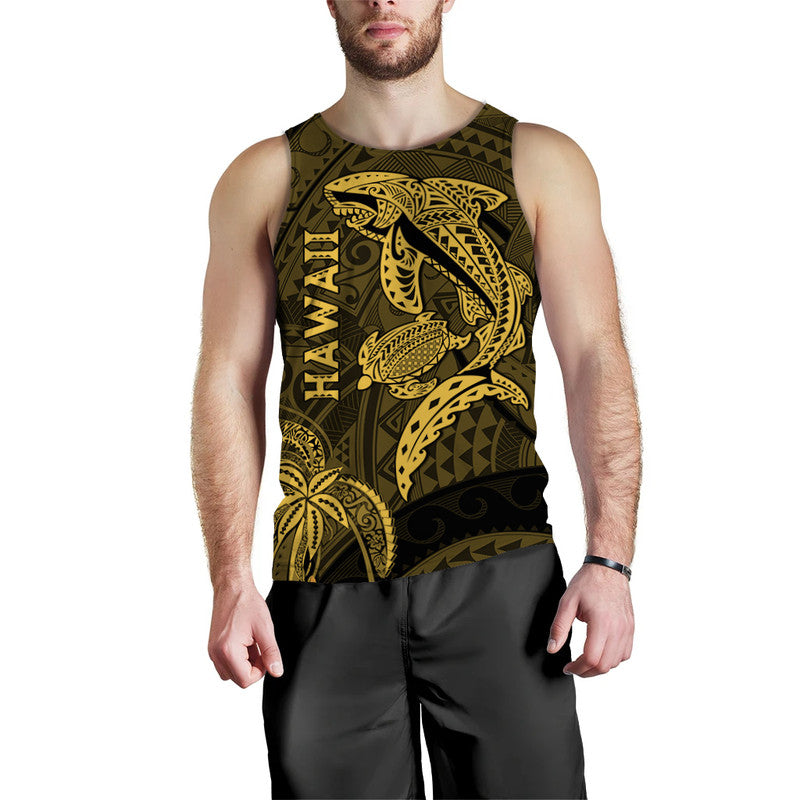 Hawaii Men Tank Top Shark and Turtle Mix Kakau Gold LT9 Gold - Polynesian Pride