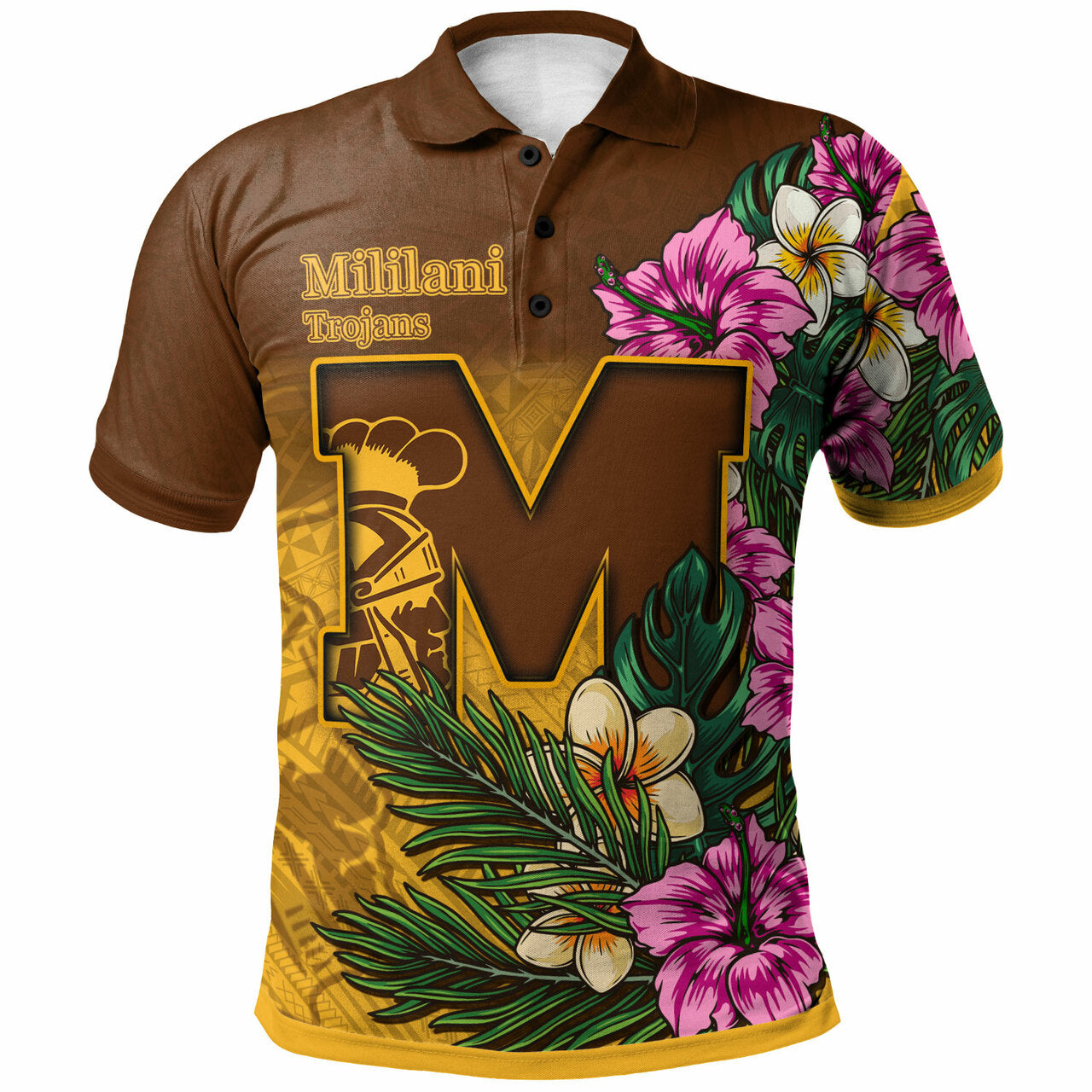 Hawaii Custom Polo Shirt Mililani Trojan High School Hawaiian Tropical Flowers Polo Shirt LT10 Brown - Polynesian Pride