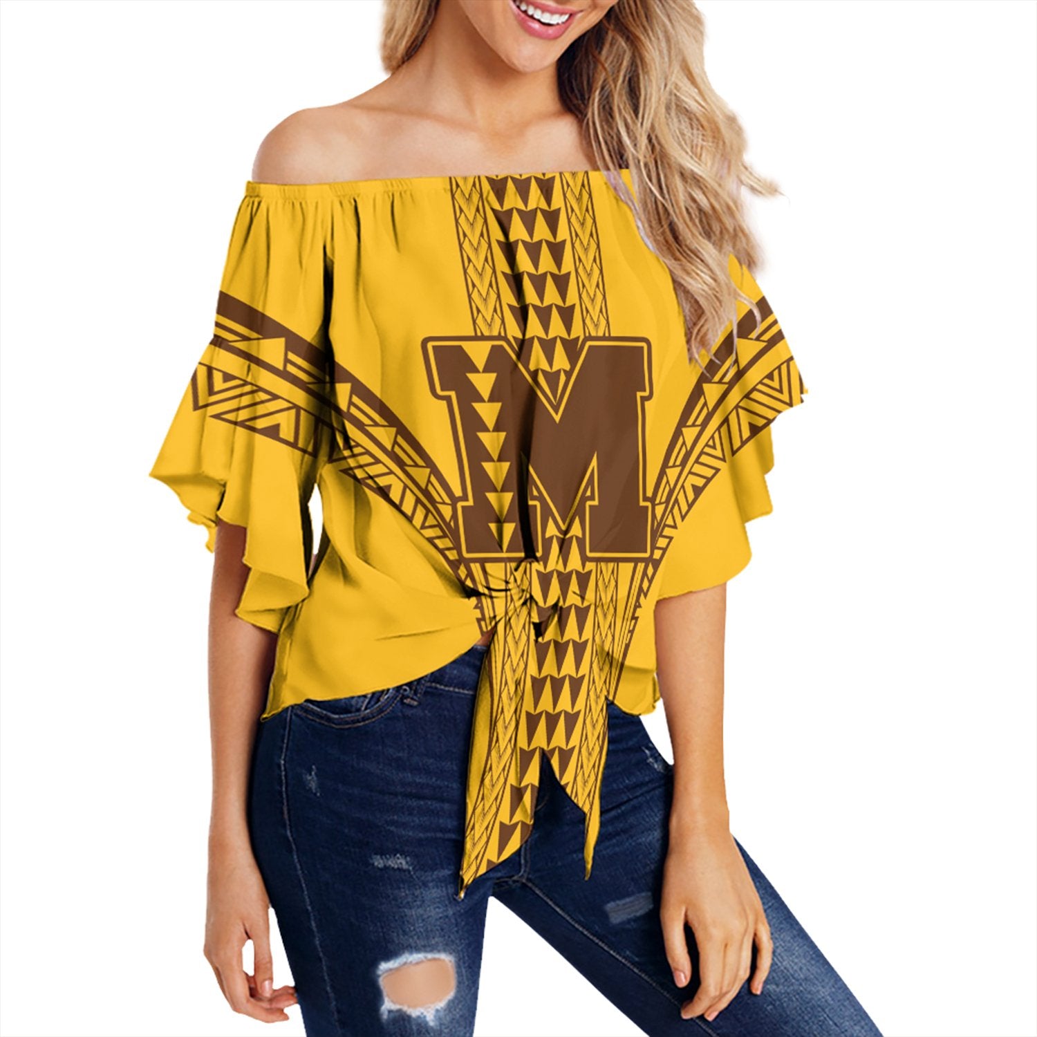 Hawaii - Mililani High Off Shoulder Waist Wrap Top AH Female Gold - Polynesian Pride