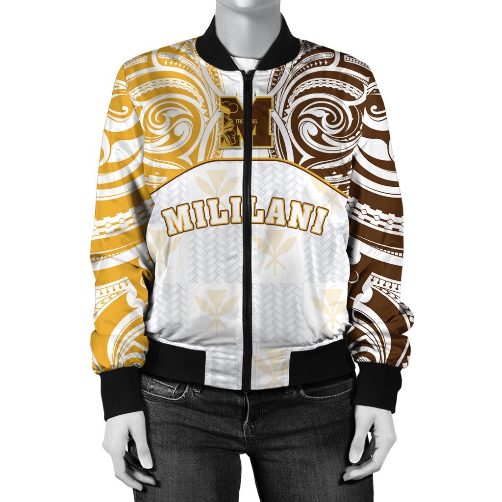 Hawaii Bomber Jacket - Kanaka Mililani High School Women's Bomber Jacket Demodern Style AH White - Polynesian Pride