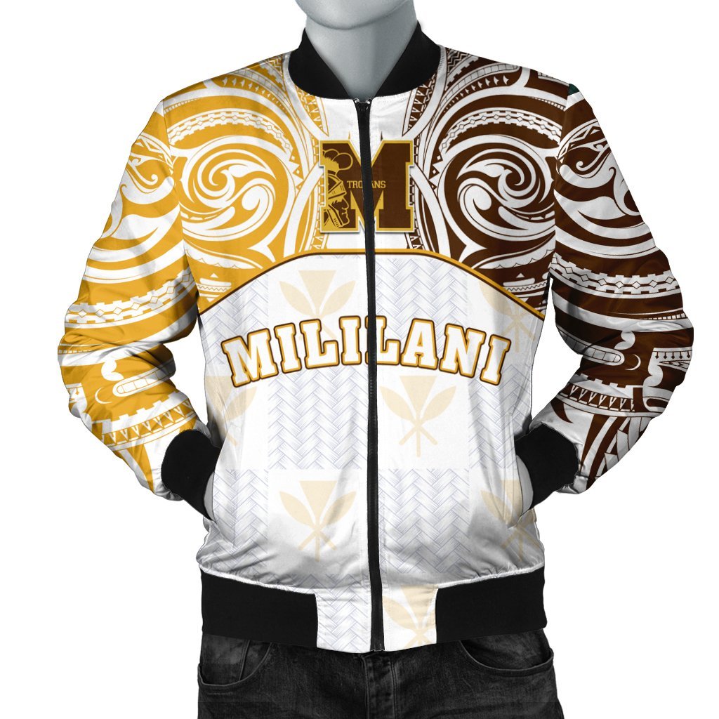 hawaiiMen's Bomber Jacket - Kanaka Mililani High School Men's Bomber Jacket Demodern Style AH White - Polynesian Pride