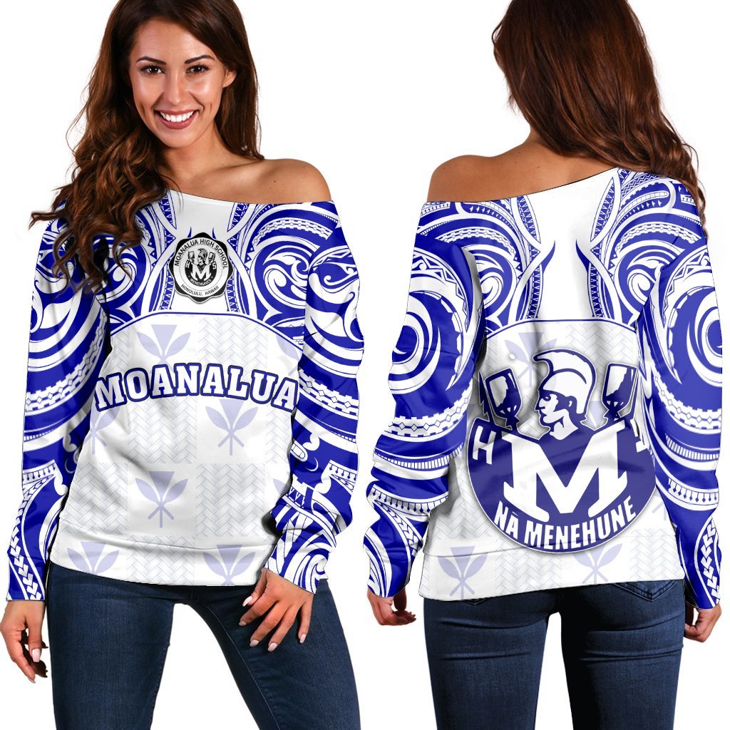 Hawaii - Kanaka Moanalua High School Off Shoulder Sweater Demodern Style AH White - Polynesian Pride