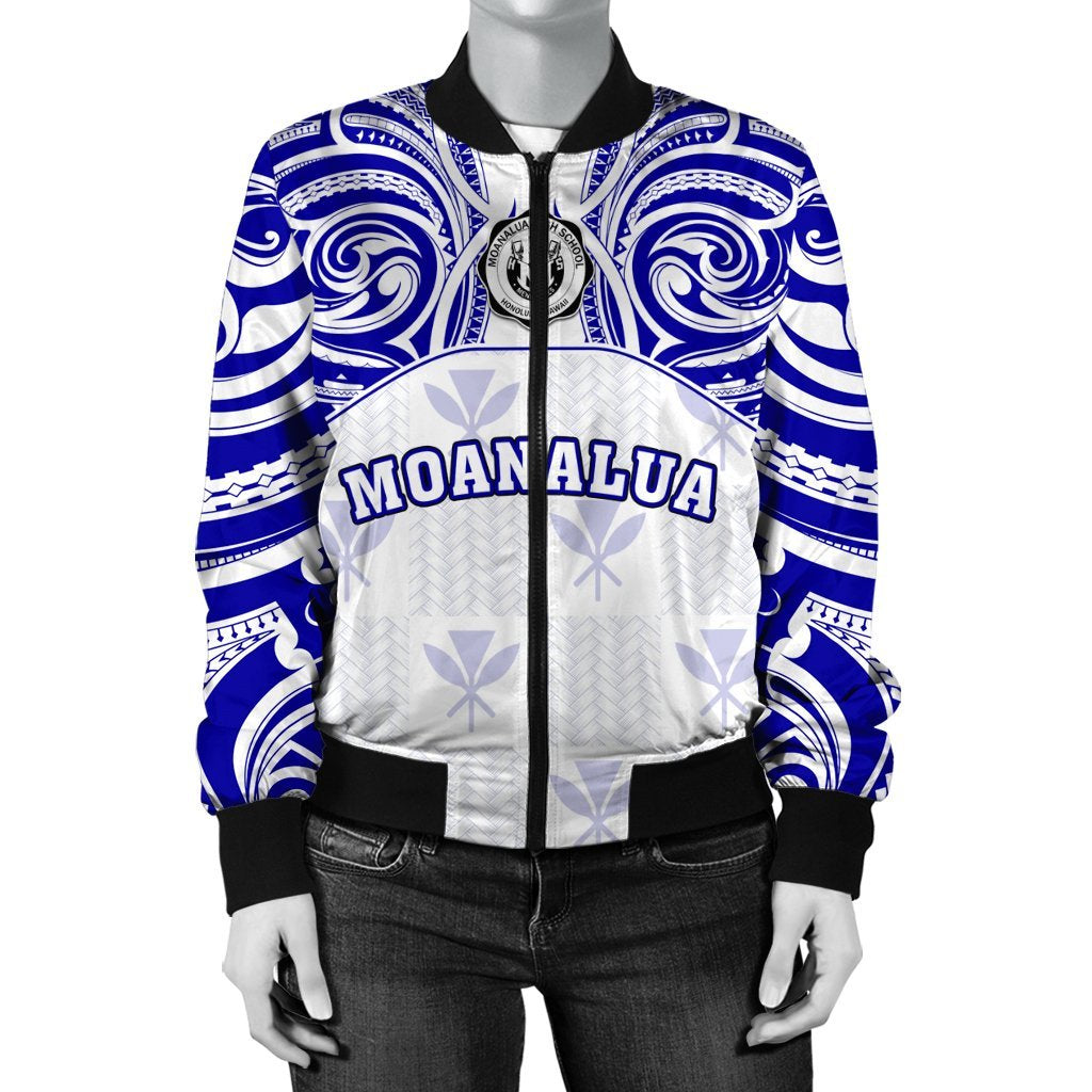 Hawaii Bomber Jacket - Kanaka Moanalua High School Women's Bomber Jacket Demodern Style AH White - Polynesian Pride