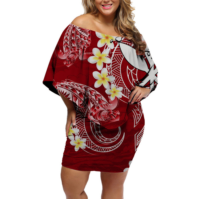 Hawaii Kanaka Turtle Off Shoulder Short Dress Style No.2 LT6 Women Red - Polynesian Pride