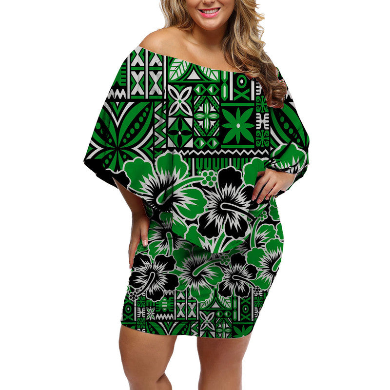 Fiji Hibiscus Festival Off Shoulder Short Dress Green LT6 Women Green - Polynesian Pride