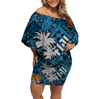Fiji Hibiscus Off Shoulder Short Dress Hawaii Style No.1 LT6 Women Blue - Polynesian Pride
