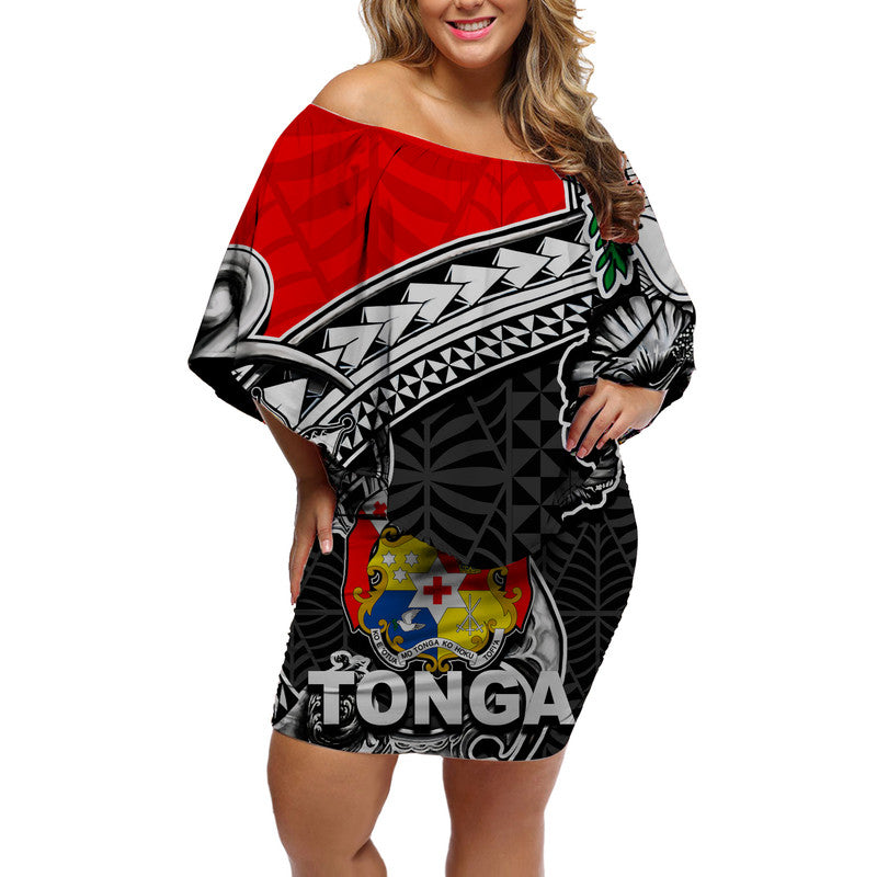 Tonga Hook Tattoo Off Shoulder Short Dress Black LT6 Women Red - Polynesian Pride