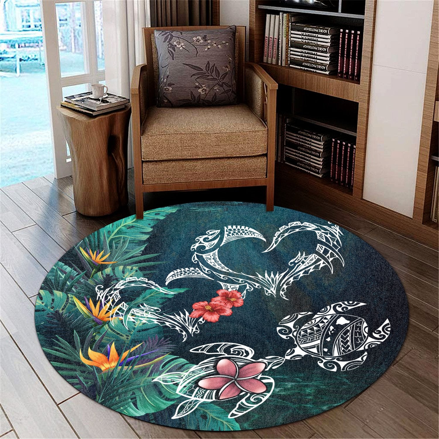 Hawaii Turtle Tropical Round Carpet - Heart Polynesian - AH Round Carpet Blue - Polynesian Pride