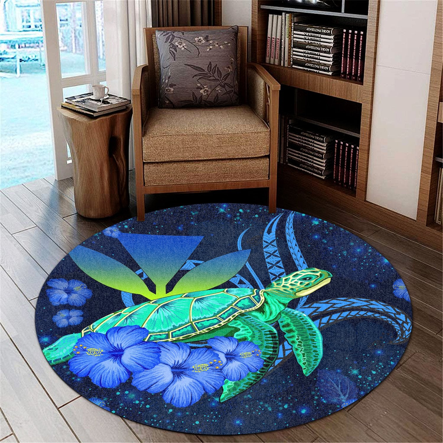 Hawaii Turtle Hibiscus Polynesian Round Carpet - Jade Stone - AH Round Carpet Blue - Polynesian Pride