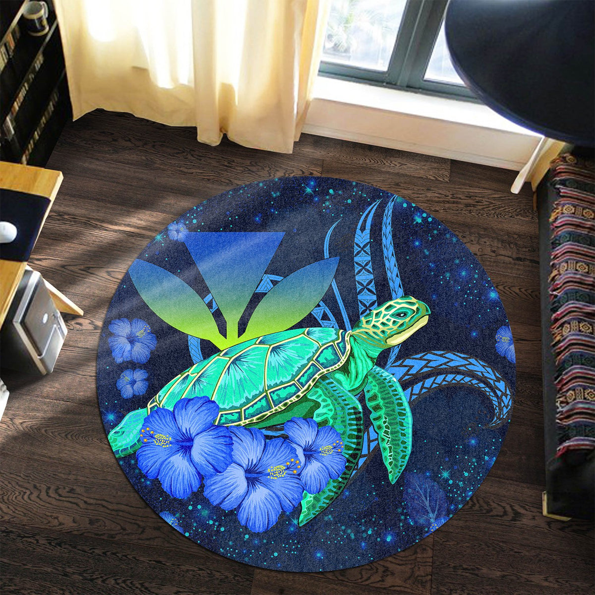 Hawaii Turtle Hibiscus Polynesian Round Carpet - Jade Stone - AH - Polynesian Pride