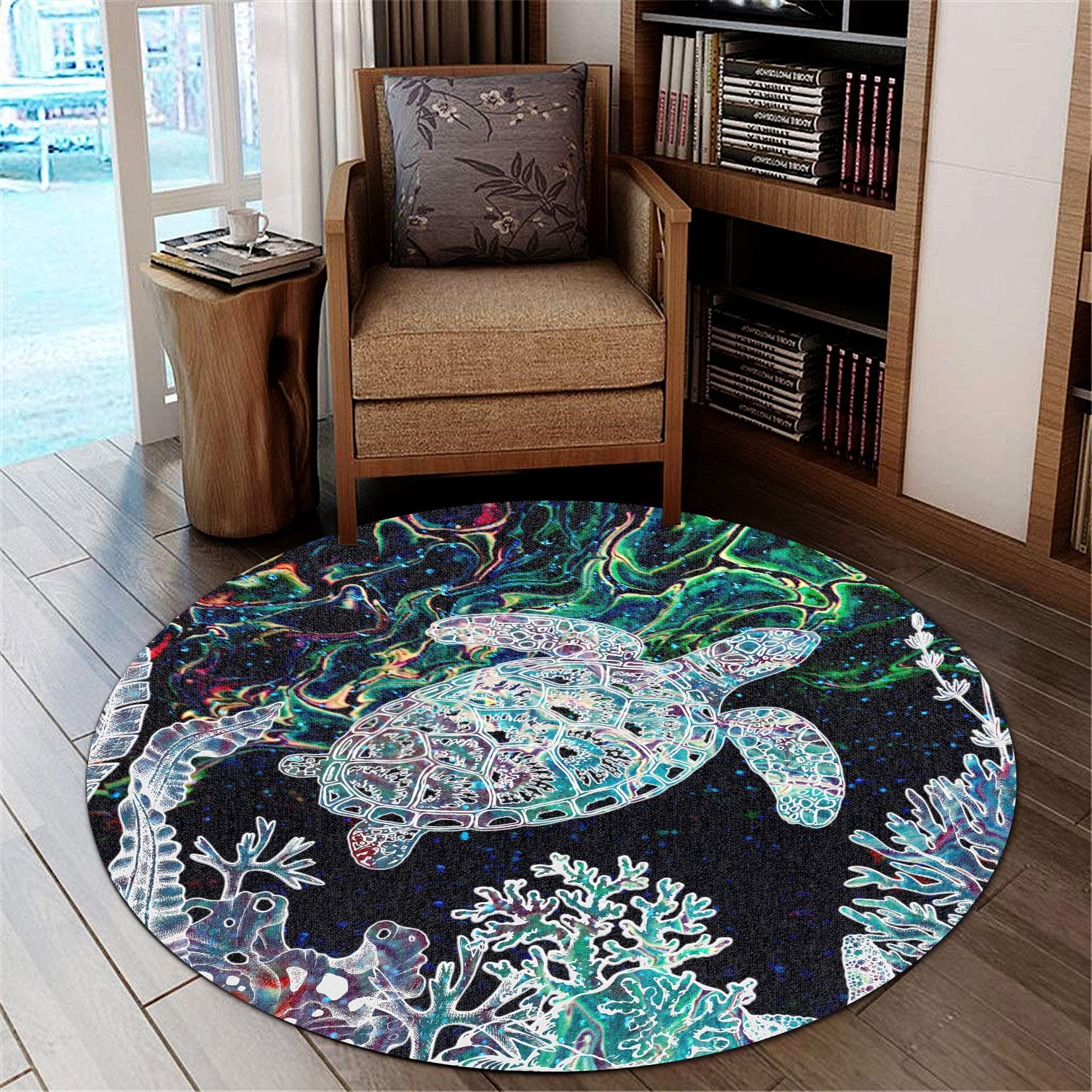 Hawaii Turtle Corals Shell Background Round Carpet - AH Round Carpet Black - Polynesian Pride