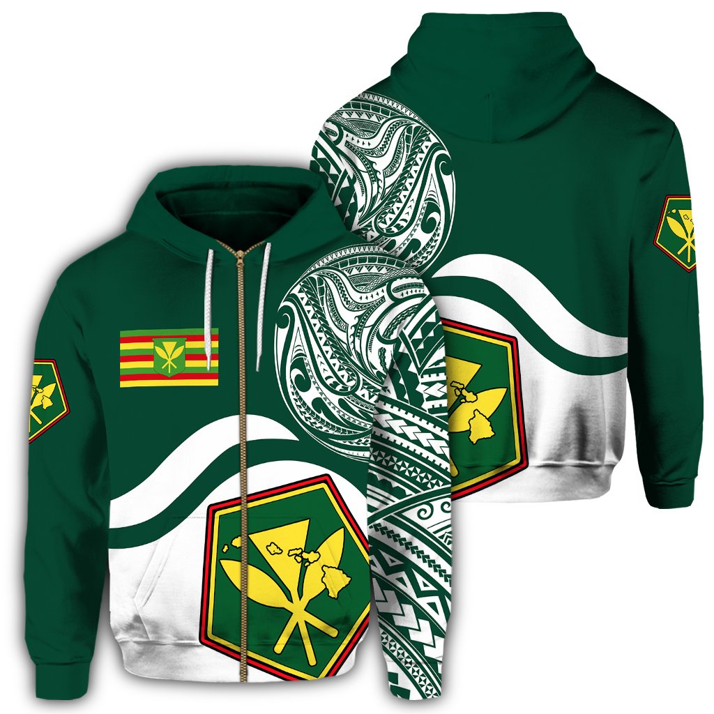 Hawaii Pentagon Kanaka Map Zip Hoodie Waveshape Style Unisex Green - Polynesian Pride