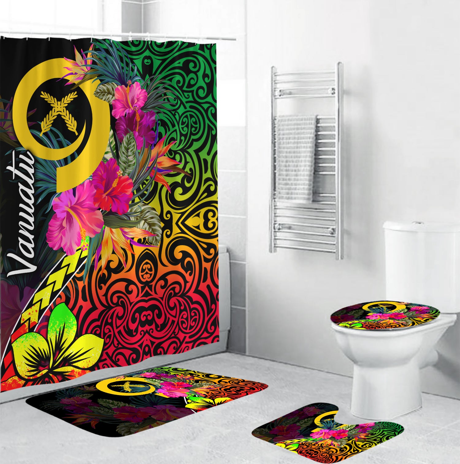 Vanuatu Bathroom Set Polynesian With Hibiscus LT6 Black - Polynesian Pride