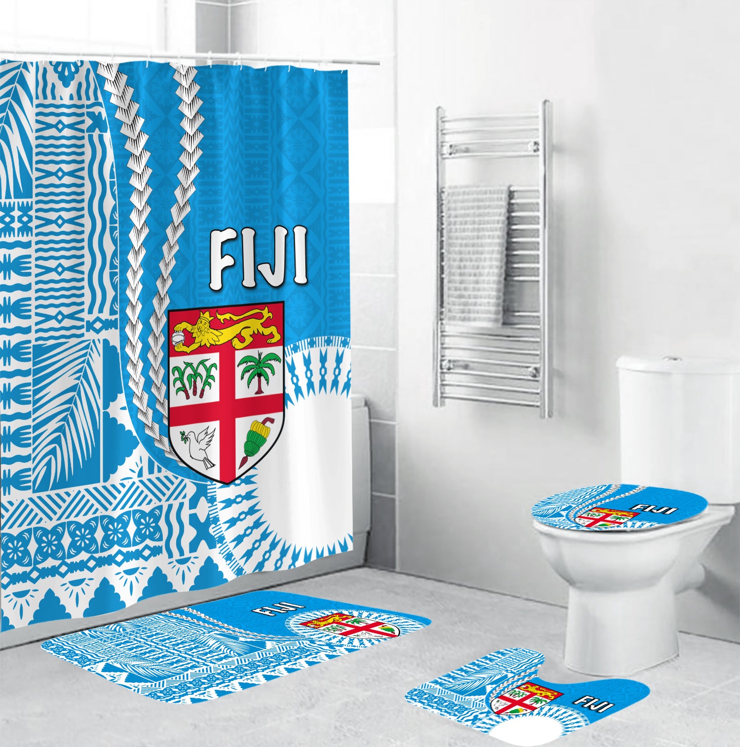 Fiji Bathroom Set Masi Tapa Patterns Blue Style LT6 Blue - Polynesian Pride