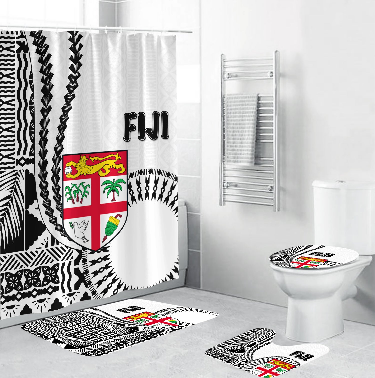 Fiji Bathroom Set Masi Tapa Patterns White Style LT6 White - Polynesian Pride