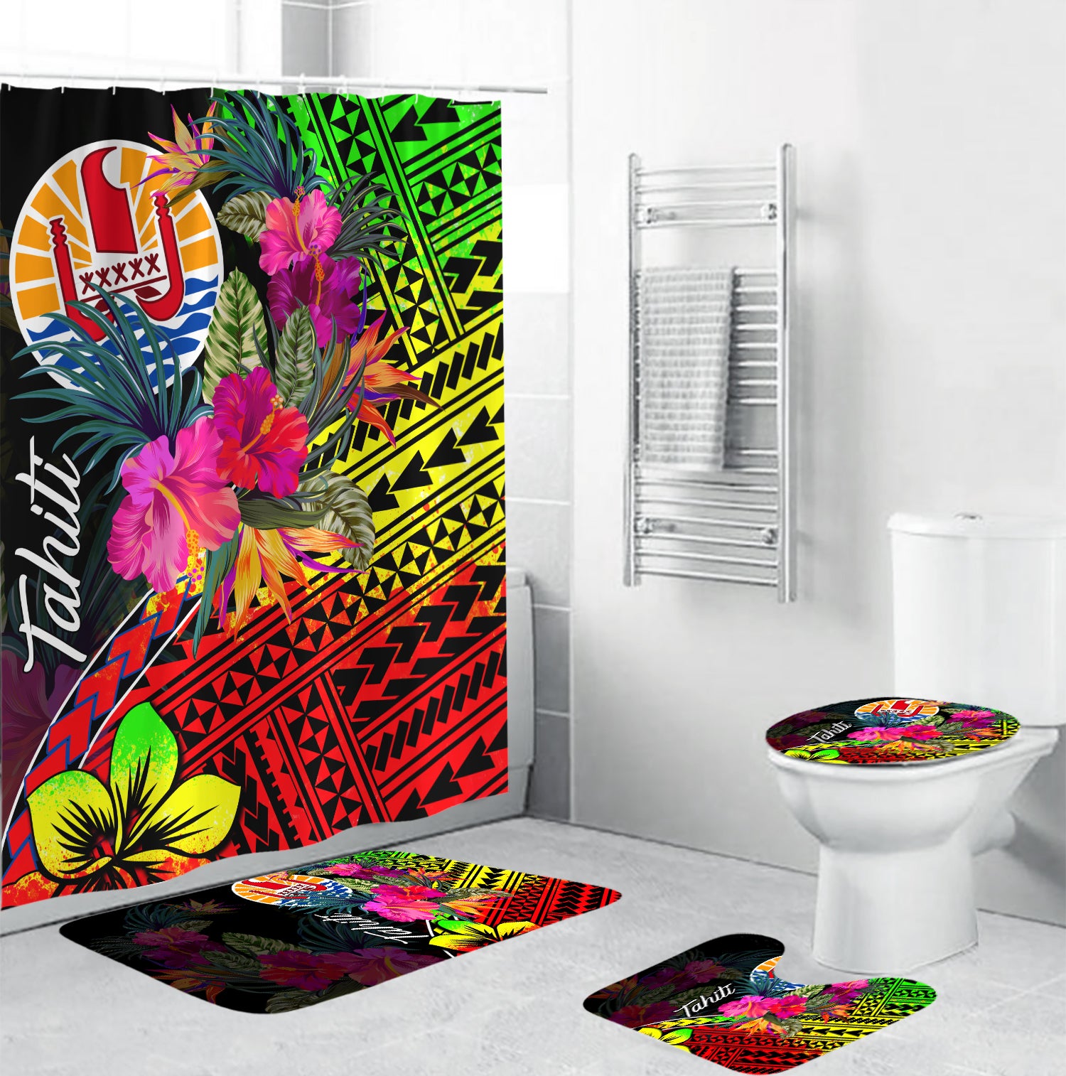 Tahiti Bathroom Set Polynesian With Hibiscus No.4 LT6 Black - Polynesian Pride