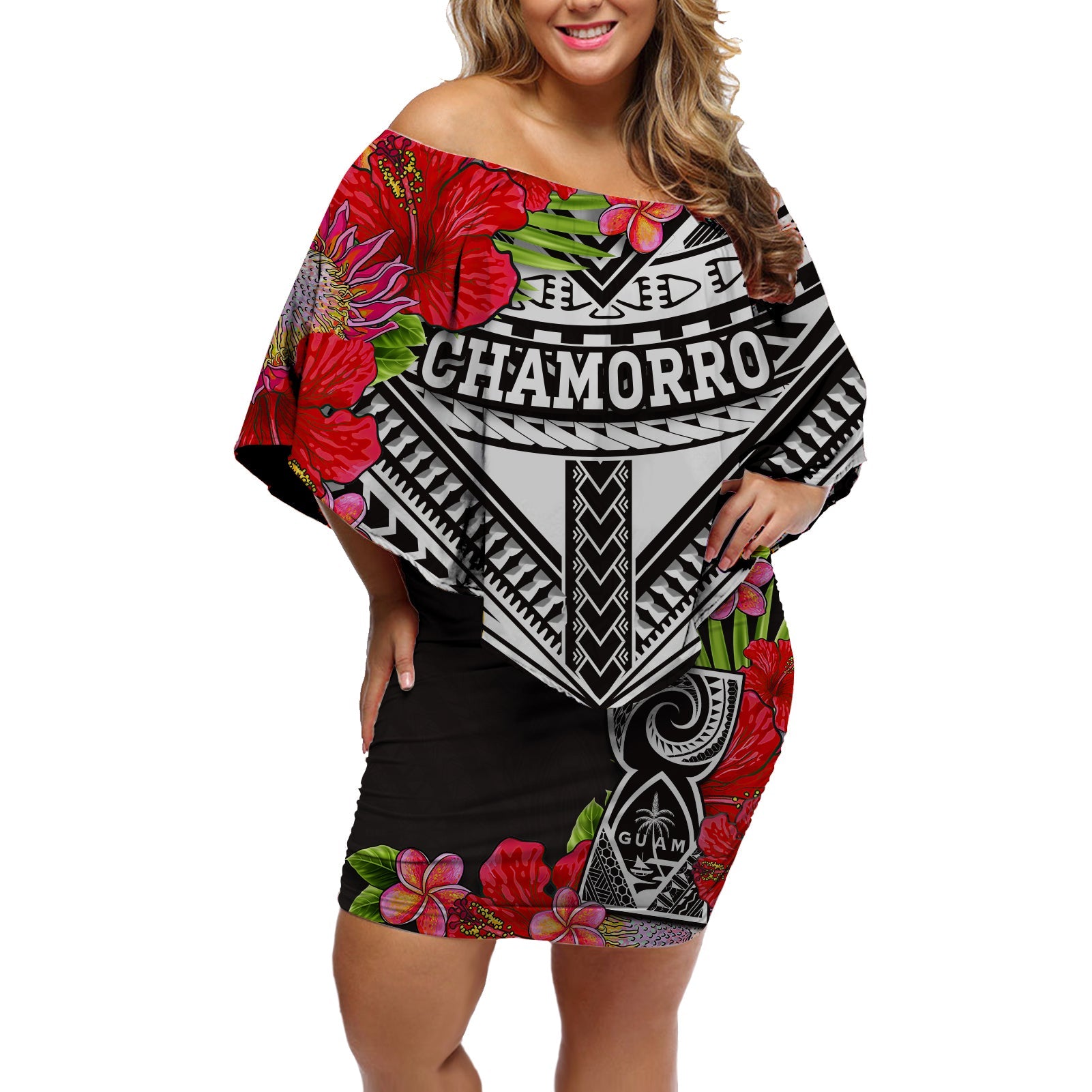 (Custom Personalised) Guam Chamorro Off Shoulder Short Dress Guaman Latte Stone Tropical Flowers Black Version LT14 Women Black - Polynesian Pride