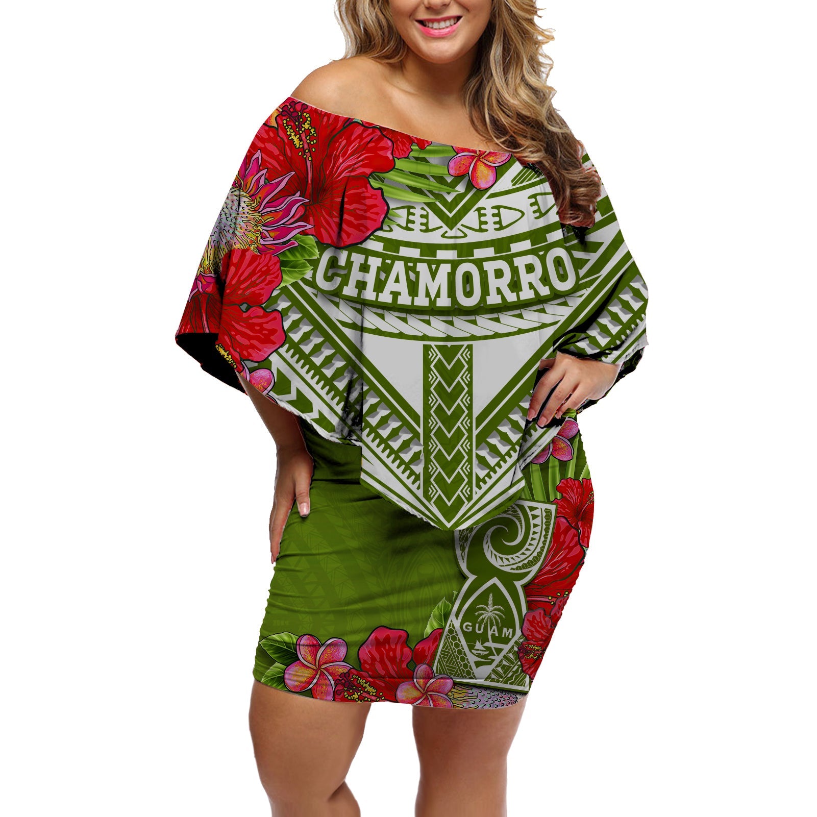 (Custom Personalised) Guam Chamorro Off Shoulder Short Dress Guaman Latte Stone Tropical Flowers Green Version LT14 Women Green - Polynesian Pride