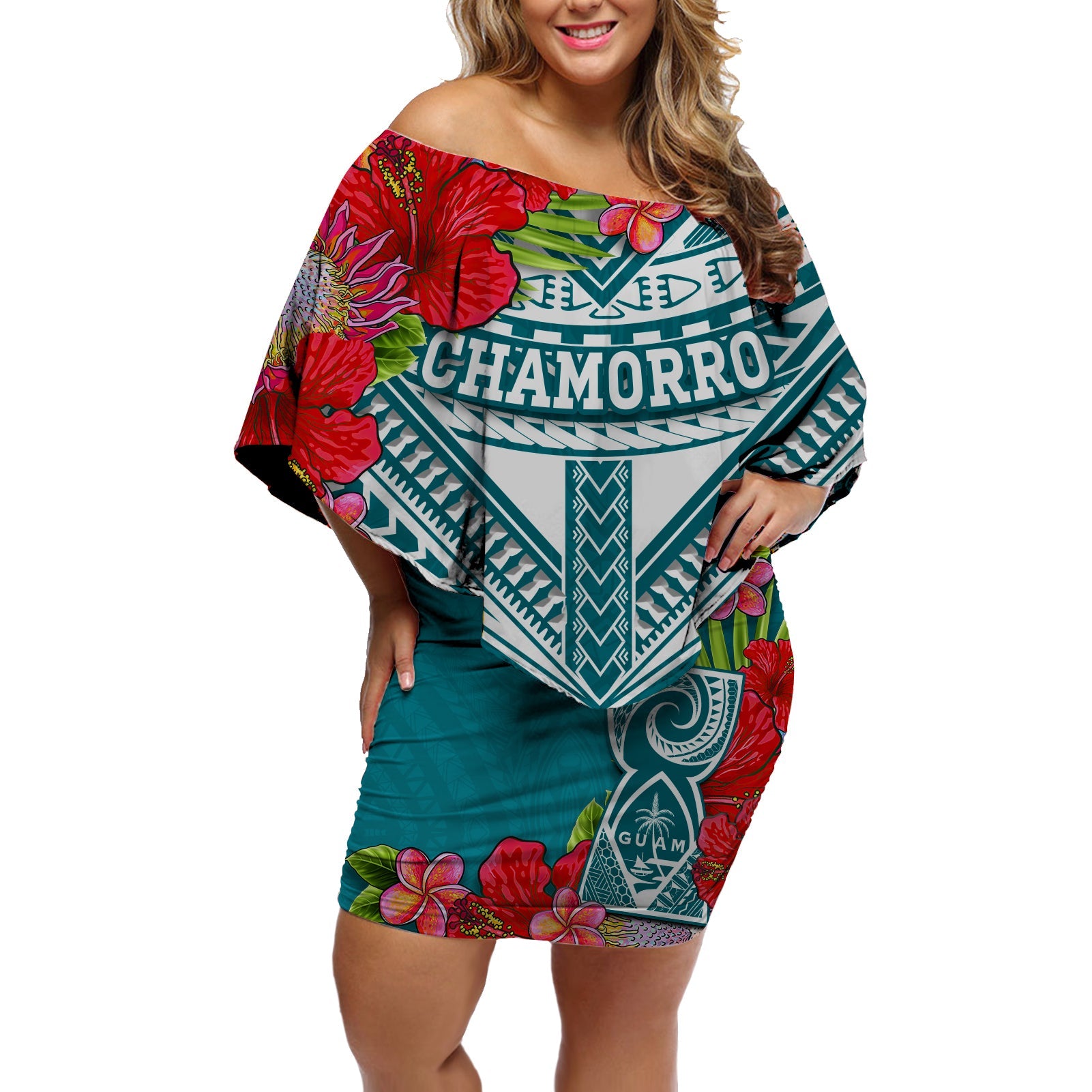 (Custom Personalised) Guam Chamorro Off Shoulder Short Dress Guaman Latte Stone Tropical Flowers Turquoise Version LT14 Women Turquoise - Polynesian Pride