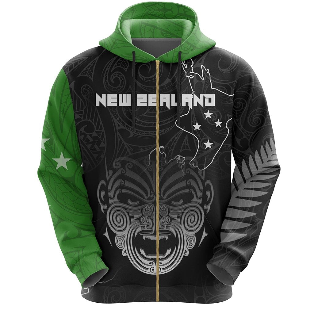 New Zealand Maori Ta Moko Zip Hoodie Green Unisex Black - Polynesian Pride