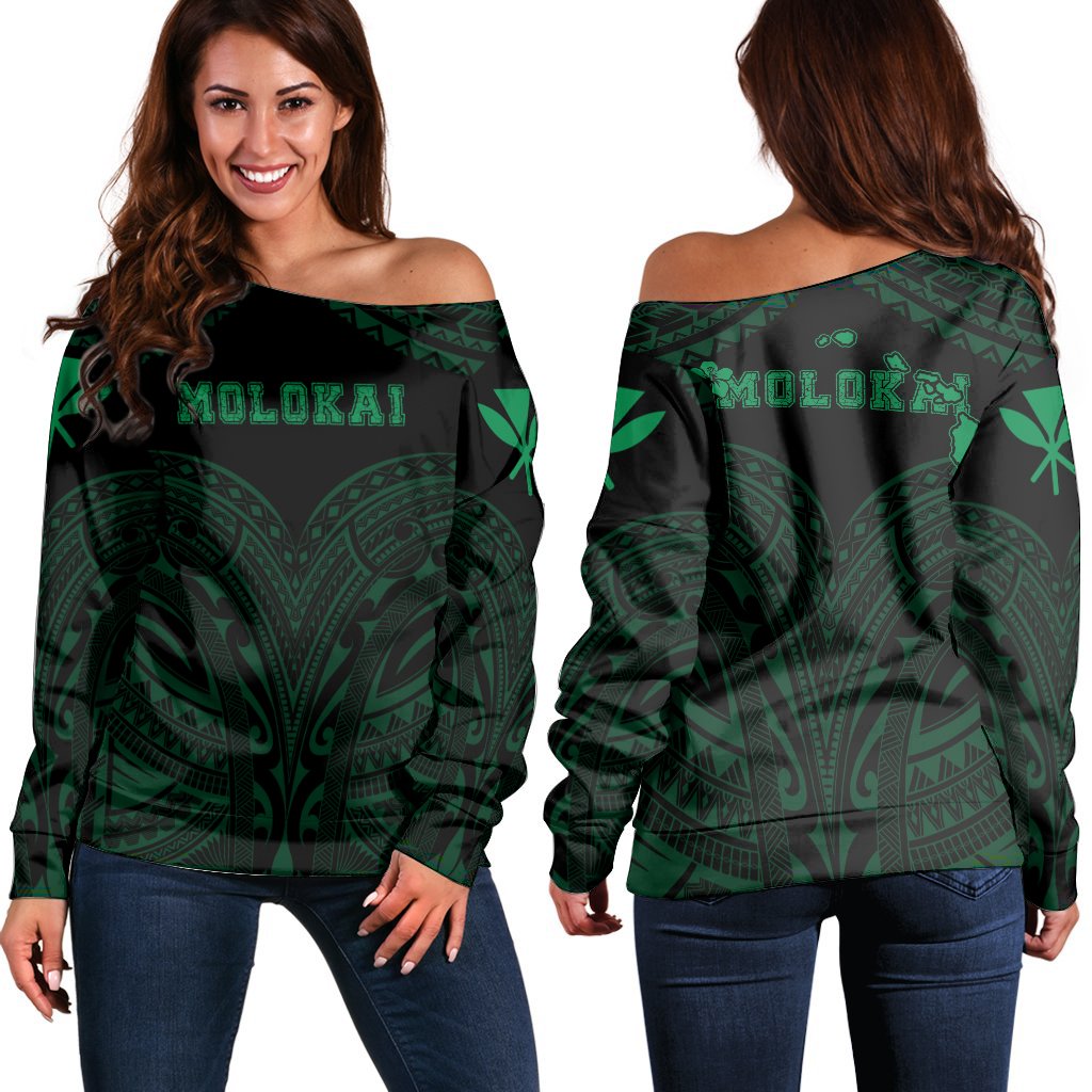 Hawaiian Kanaka Map Molokai Women's Off Shoulder Sweater - Green - Brad Style - AH Green - Polynesian Pride