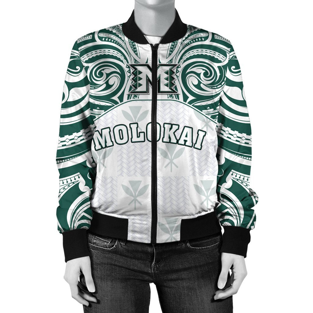 Hawaii Bomber Jacket - Kanaka Molokai High School Women's Bomber Jacket Demodern Style AH White - Polynesian Pride