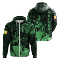 Hawaiian King Kanaka Map Polynesian Molokai Hoodie Zip Green Hala Style Unisex Green - Polynesian Pride