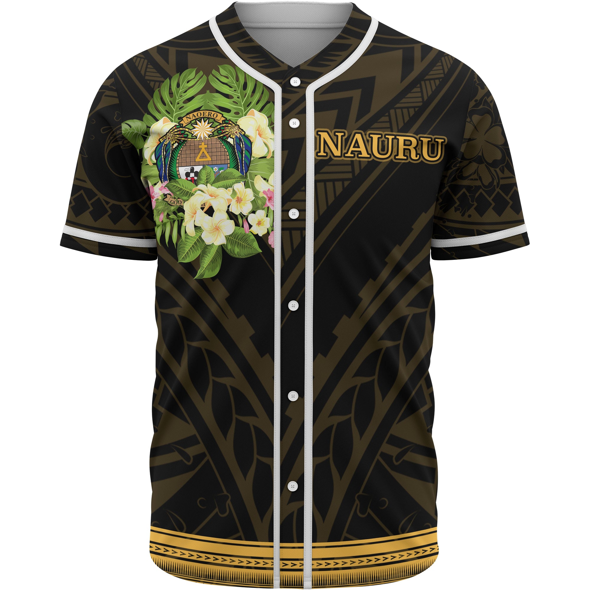 Nauru Baseball Shirt - Polynesian Gold Patterns Collection Unisex Black - Polynesian Pride