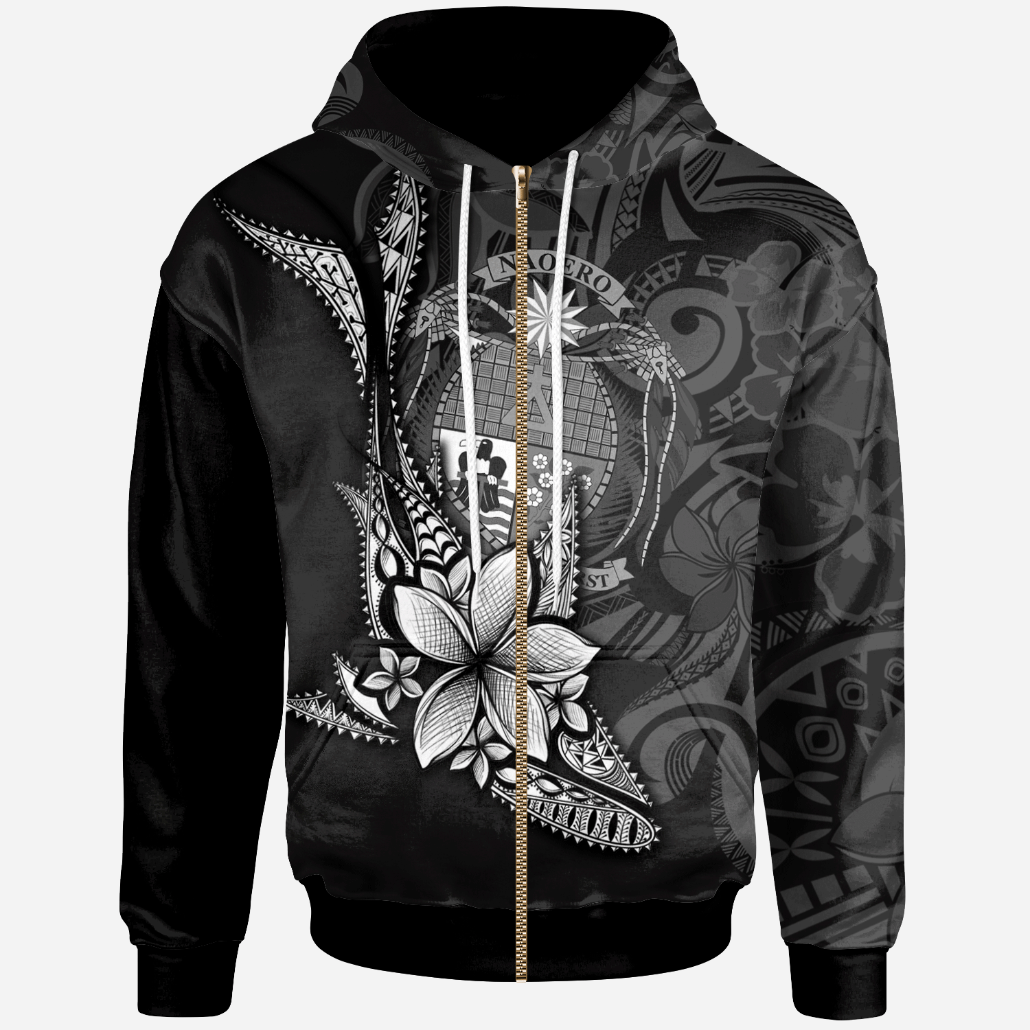 Nauru Custom Zip Hoodie Fish With Plumeria Flowers Style Unisex Black - Polynesian Pride