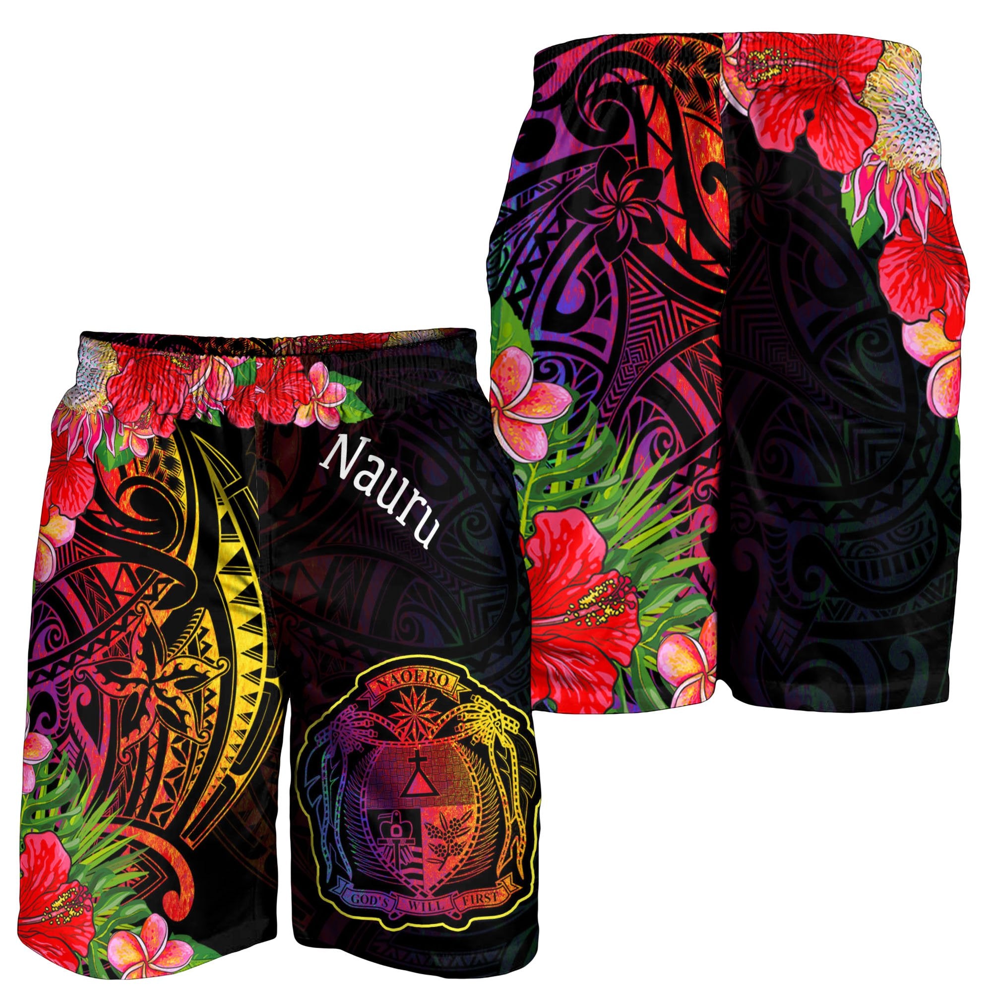 Nauru Men's Shorts - Tropical Hippie Style Black - Polynesian Pride