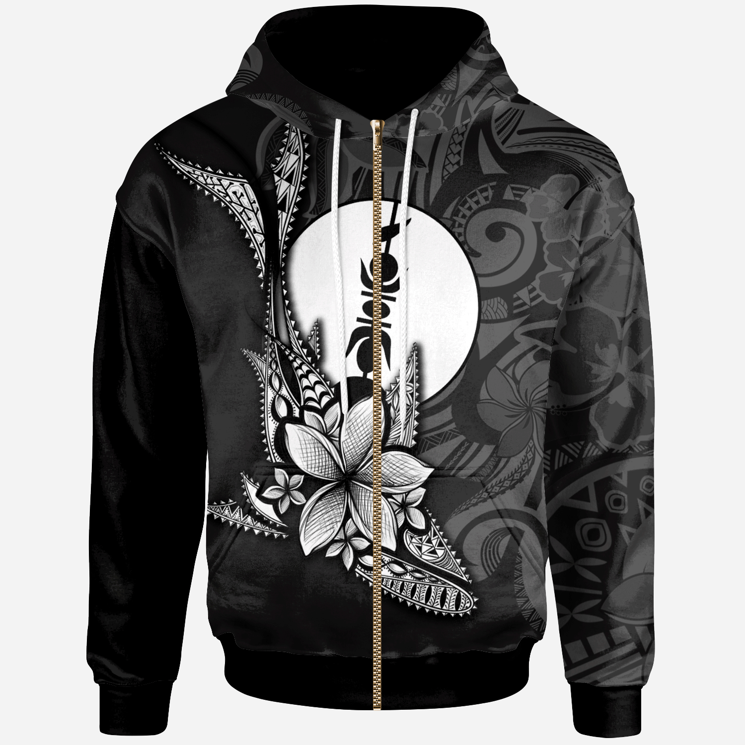 New Caledonia Custom Zip Hoodie Fish With Plumeria Flowers Style Unisex Black - Polynesian Pride