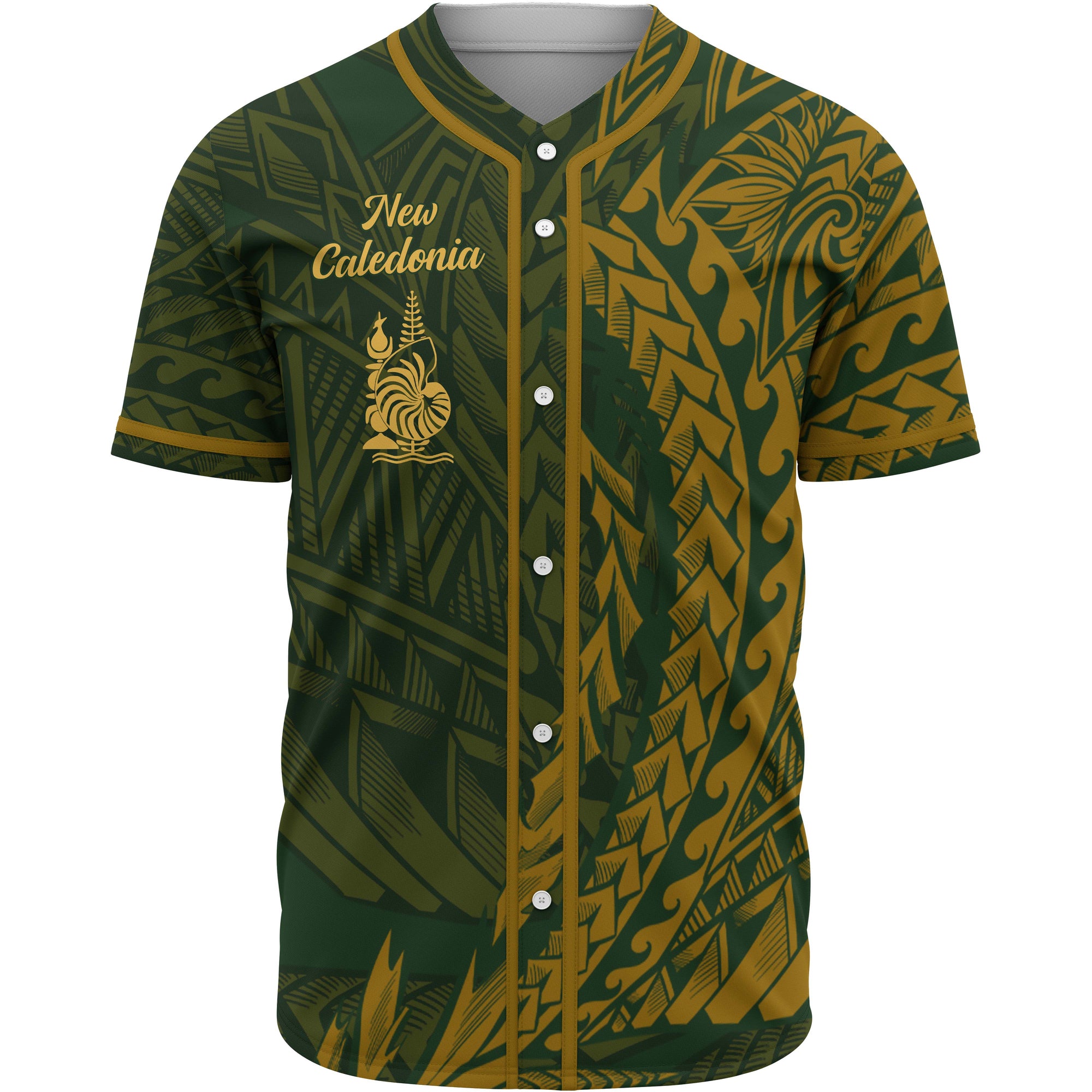 New Caledonia Baseball Shirt - Green Wings Style Unisex Gold - Polynesian Pride