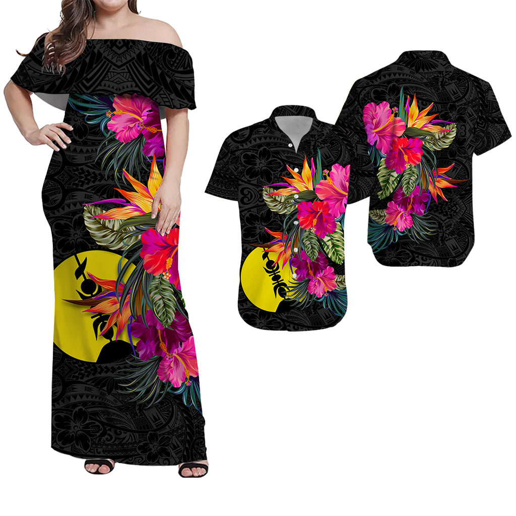 New Caledonia Polynesian Hibiscus Tribal Matching Dress and Hawaiian Shirt LT12 Black - Polynesian Pride