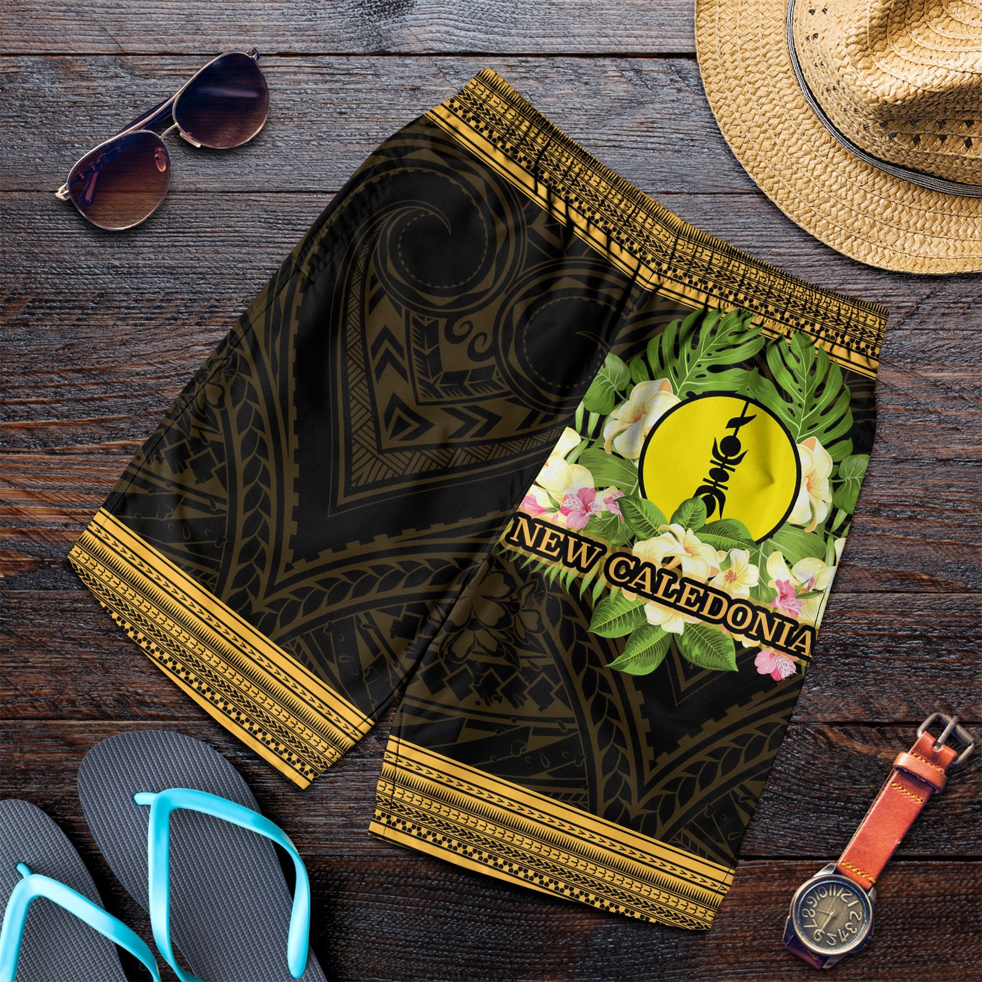 New Caledonia Men's Shorts - Polynesian Gold Patterns Collection Black - Polynesian Pride