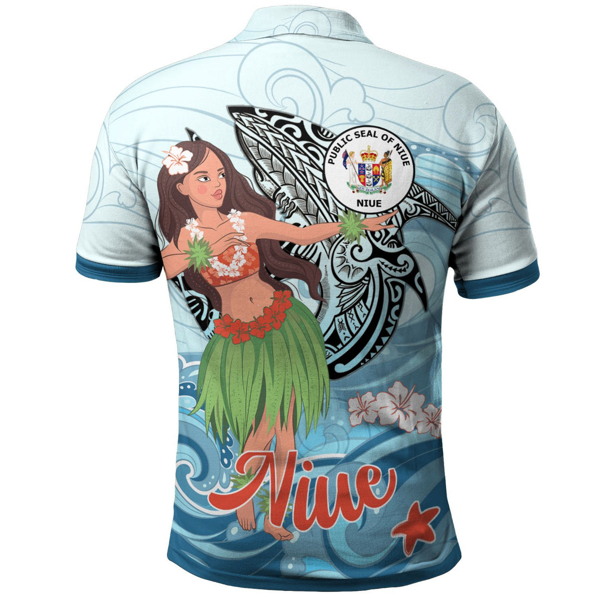 Niue Polo Shirt Polynesian Girls With Shark - Polynesian Pride
